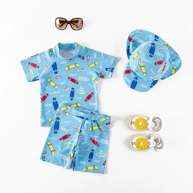 Boys' Cartoon Rash Guard Swim Set with Shorts & Hat