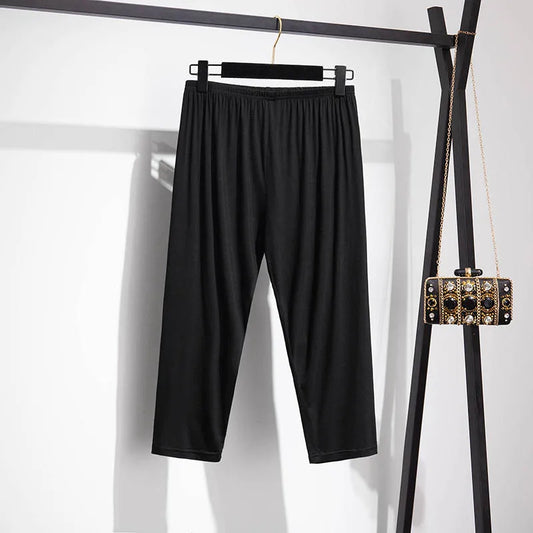 165Kg Plus Size Women's Summer Loose High-Waist Bottoming Cropped Trousers 5XL 6XL 7XL 8XL 9XL Thin Slimming Leggings Black