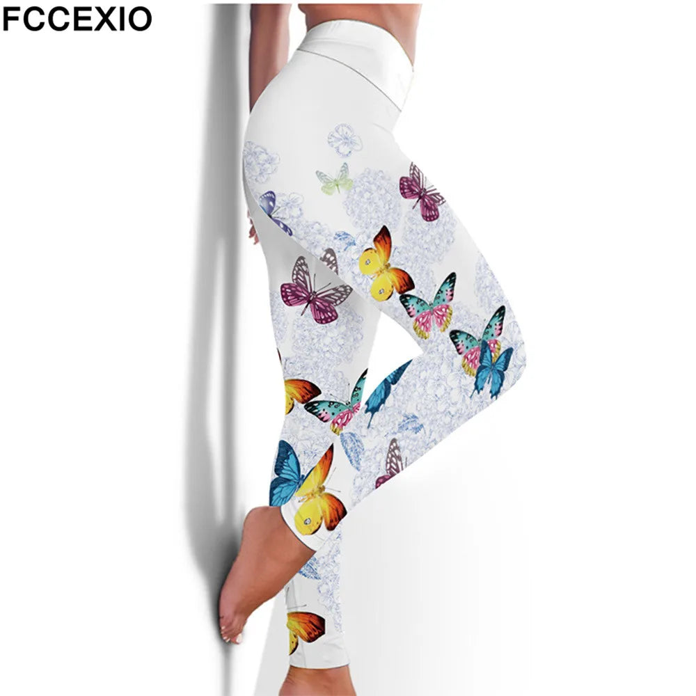 FCCEXIO High Waist Fitness Elastic Leggings Ink Painting Flowers 3D Print Leggins Casual Workout Sport Pants