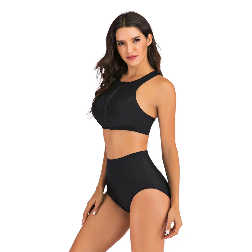 Womens Zip Front High Cut High Waist Bikini Set Racerback Sport Two Piece Swimsuits Bathing Suit Tummy Control Swimwear