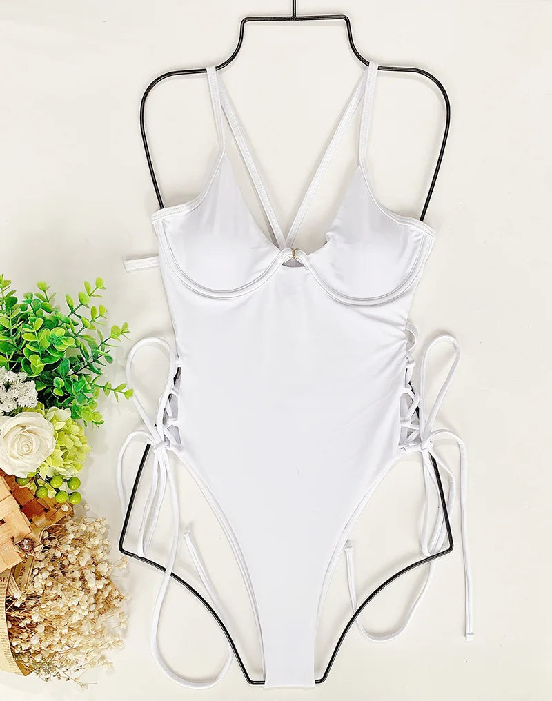 Splicing High Cut Out One Piece Swimsuit Women Tassel Swimwear Female Bathing Suit String Leopard Bikini Monokini Lady