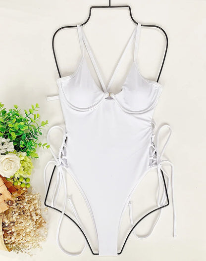 Splicing High Cut Out One Piece Swimsuit Women Tassel Swimwear Female Bathing Suit String Leopard Bikini Monokini Lady