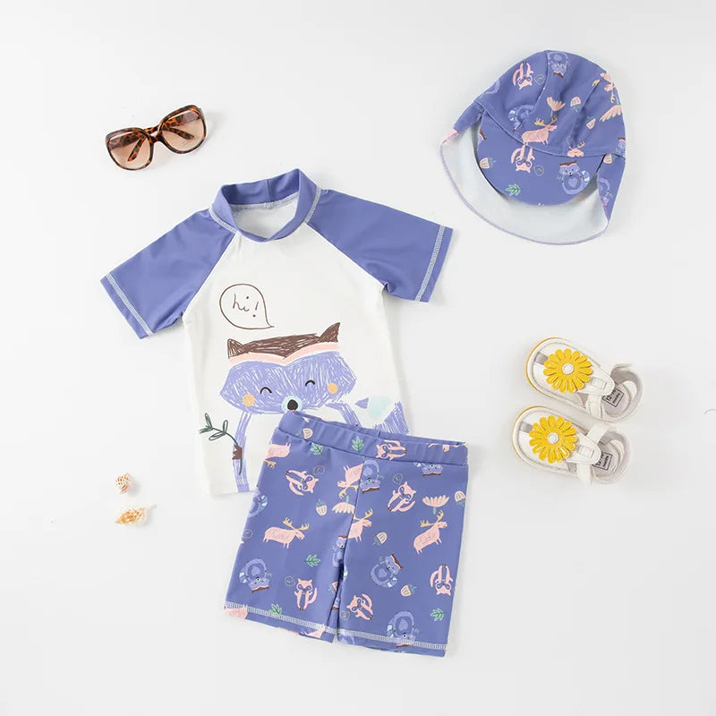 Boys' Cartoon Rash Guard Swim Set with Shorts & Hat
