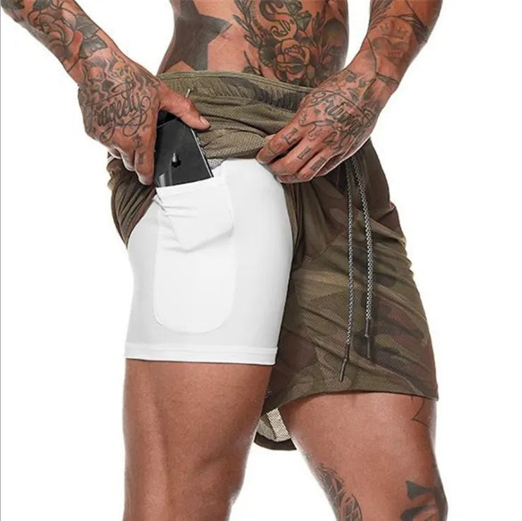 European Men's Sports Summer Double Layer Mobile Phone Pants Gym Exercise Jogging Training Shorts