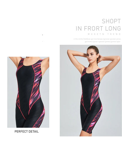 Quick Dry Swimwear Professional Knee Length Round Neck Swimsuit Women One Piece Sport Bathing Suit Rashguard Surf