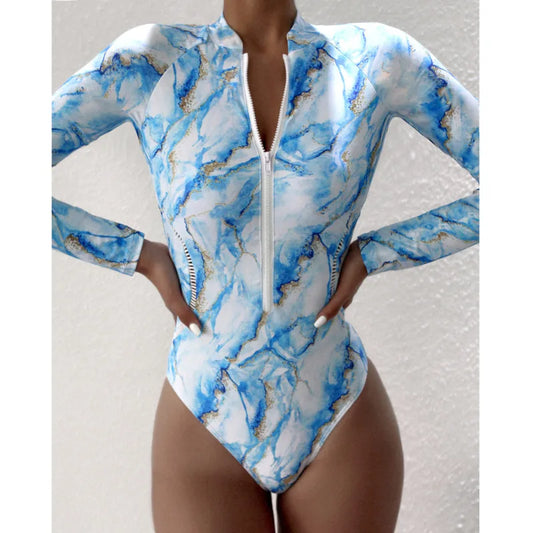 White Solid Color One-Piece Swimsuit Long Sleeve Swimwear Sports Women's Swimming Bathing Suit Beach Bather Surfing Swim Wear