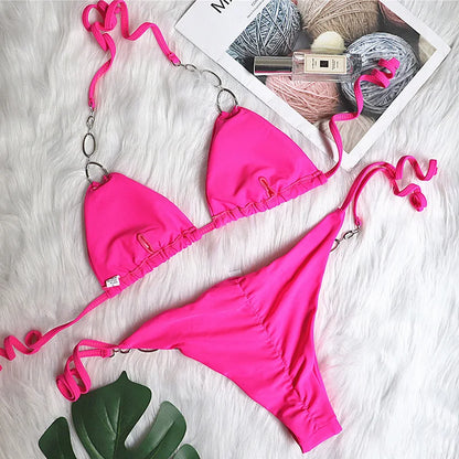 Halter Diamond Bikini Women Swimsuit Female Metal Chains Swimwear Two Pieces Bikini set Brazilian Bather Bathing Suit Swim