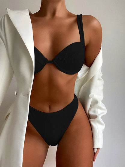 Ribbed Bra Cup High Waist Bikini Women Swimsuit Female Swimwear Two Pieces Bikini set Push Up Bather Bathing Suit Swim Lady