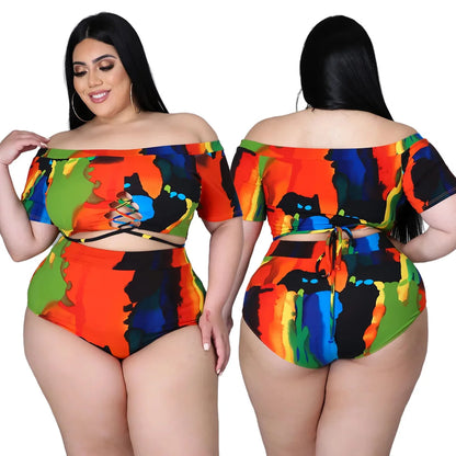 XL-5XL Plus Size two piece Bikini set Swimsuit summer printing Bandage top and shorts outfits women
