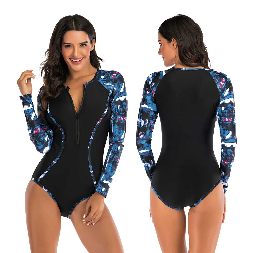 Female One-piece Wetsuit Long Sleeve Swimsuit Surfing Swimwear Women Jumpsuit Zip Front Swimsuit Diving Snorkeling Rash guard 2XL