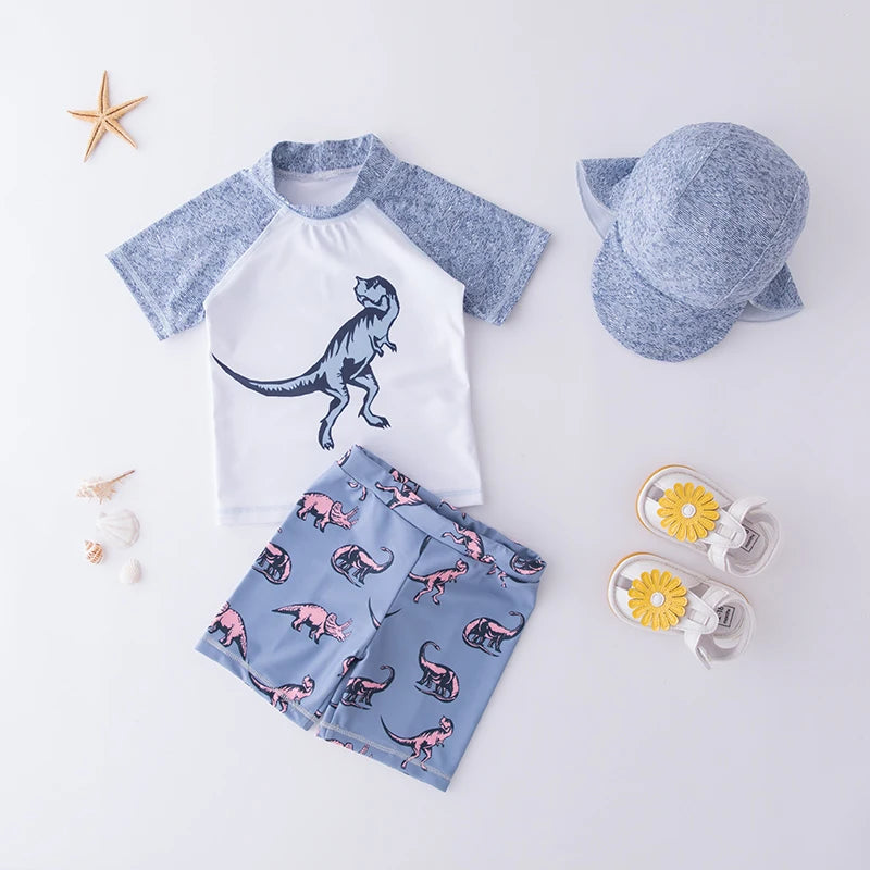 Boys' Cartoon Rash Guard Swim Set with Shorts & Hat