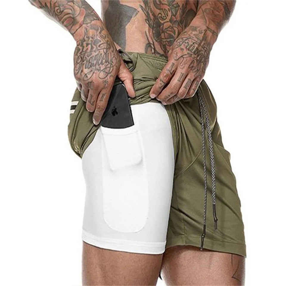 European Men's Sports Summer Double Layer Mobile Phone Pants Gym Exercise Jogging Training Shorts