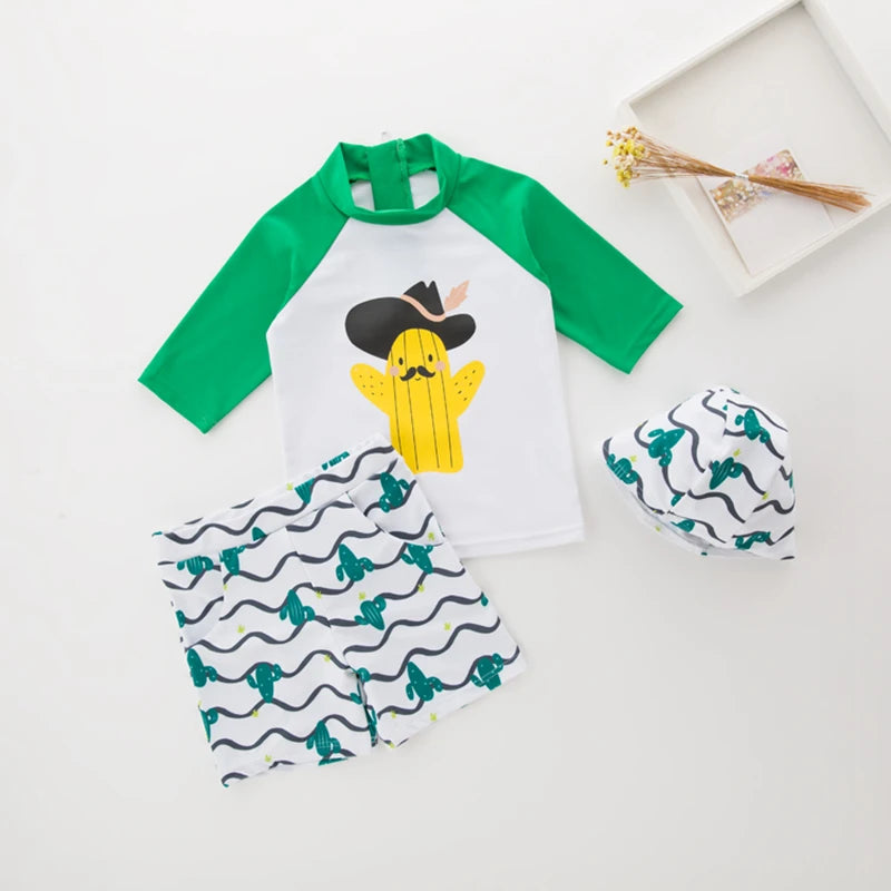 Boys' Cartoon Rash Guard Swim Set with Shorts & Hat