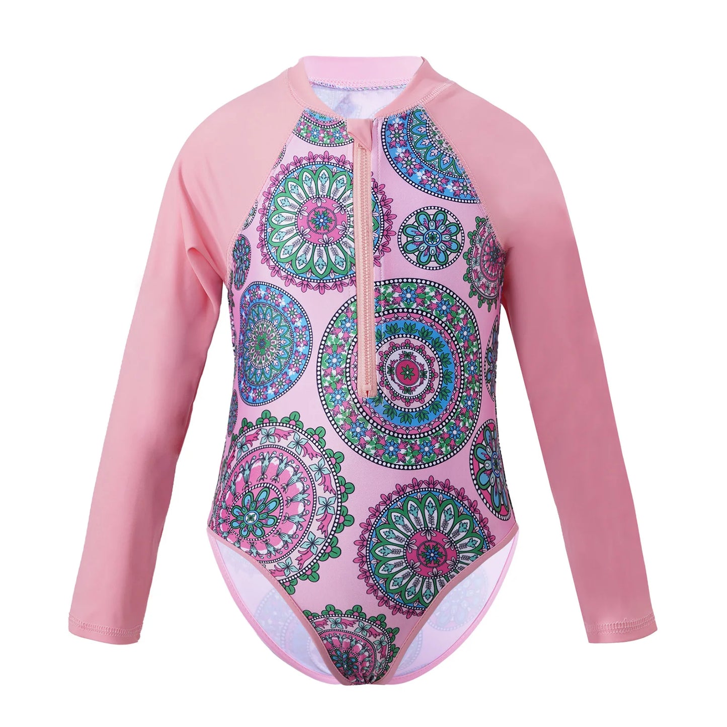 Kids Girls One-piece Swim Suits Brazilian Beachwear Long Sleeves Palm Printed Zippered Swimsuit Swimwear Bathing Suit Rash Guard