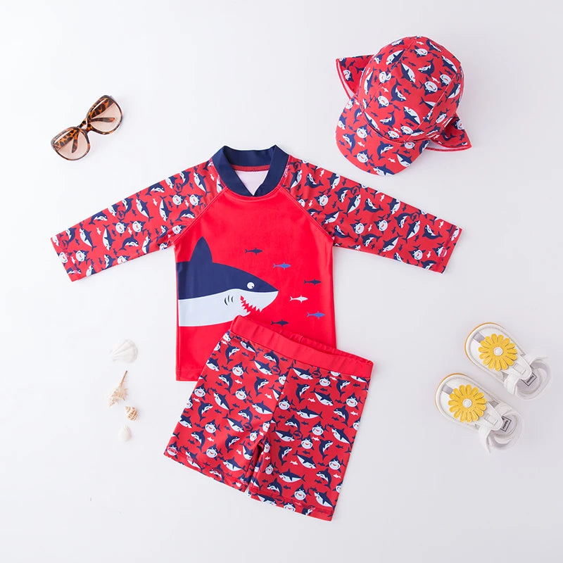 Boys' Cartoon Rash Guard Swim Set with Shorts & Hat