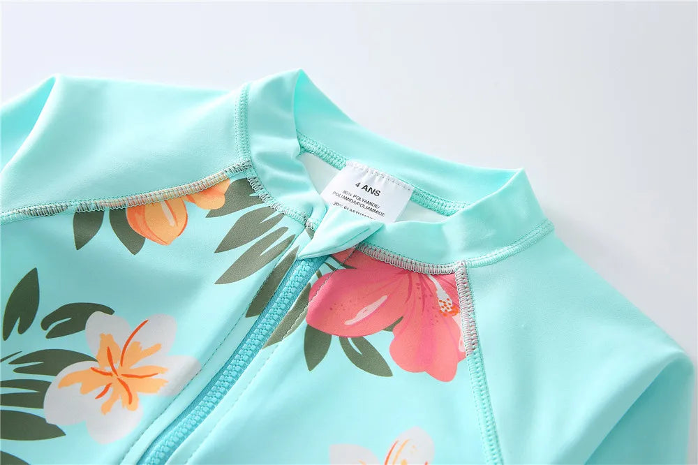 Wishere One Piece Baby Girls Swimsuit UPF50+ Swimwear Sunsuit With Lace Long Sleeve Rash Guard Flower Print Summer Bathing Suit
