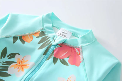 Wishere One Piece Baby Girls Swimsuit UPF50+ Swimwear Sunsuit With Lace Long Sleeve Rash Guard Flower Print Summer Bathing Suit