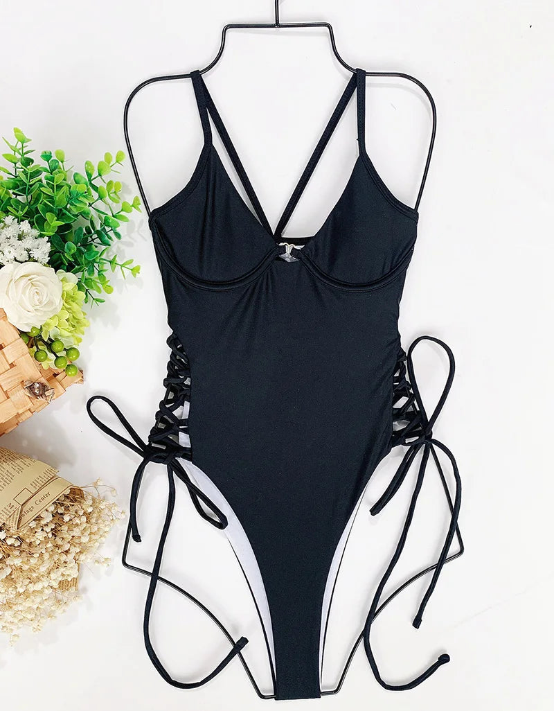 Splicing High Cut Out One Piece Swimsuit Women Tassel Swimwear Female Bathing Suit String Leopard Bikini Monokini Lady