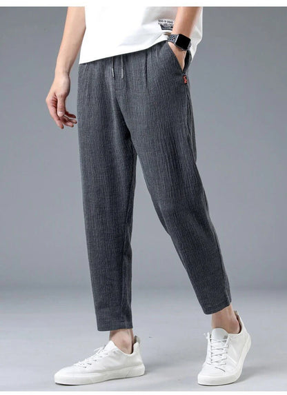 Ice Silk Linen Man Sport Pants Casual Wide Summer Sweatpants Male Drawstring Spring Autumn Lightweight Halking Harem Trousers