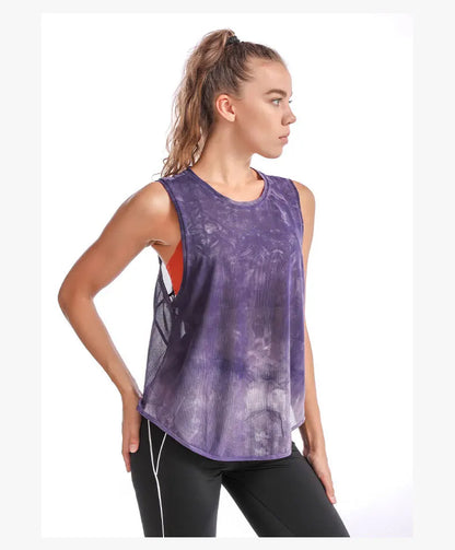 Women Sport Vest Loose Thin Mesh Yoga Shirt Running Fitness Sleeveless T-shirt Quick Dry Forked Tank Tops Gym Workout Tee Blouse