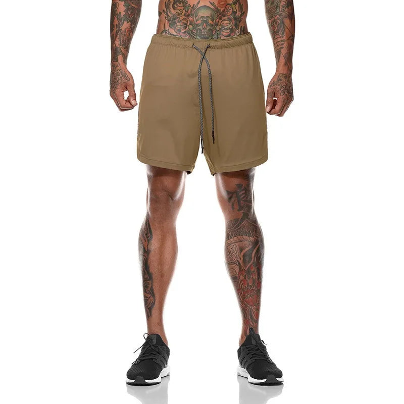European Men's Sports Summer Double Layer Mobile Phone Pants Gym Exercise Jogging Training Shorts