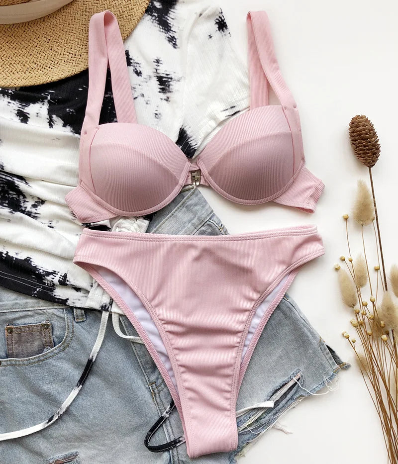 Ribbed Bra Cup High Waist Bikini Women Swimsuit Female Swimwear Two Pieces Bikini set Push Up Bather Bathing Suit Swim Lady