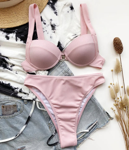 Ribbed Bra Cup High Waist Bikini Women Swimsuit Female Swimwear Two Pieces Bikini set Push Up Bather Bathing Suit Swim Lady
