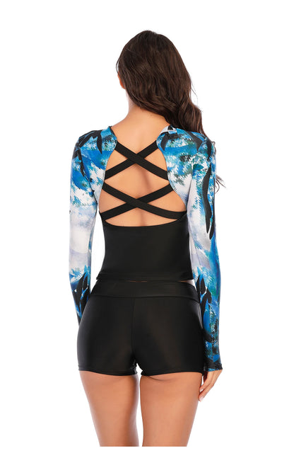 Women Two Pieces Swimsuit Rash Guard Long Sleeve Swimwear Women Bathing Suit Floral Print Swimsuit Surfing Swim Shirts
