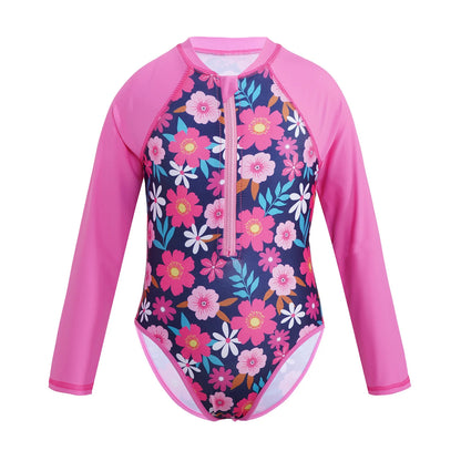 Kids Girls One-piece Swimsuit Long Sleeves Palm Printed Swimwear  Bathing Suit Sun Protection Rash Guard Surfing Diving Swim Top