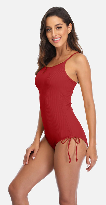 Anfilia Women's Ribbed One Piece Swimsuits Tie Side High Cut Bathing Suits Padded Monokinis Swimwear