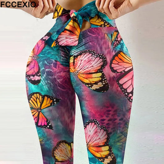 Butterfly Print Leggings Cute Bow High Waist Fitness Pants Hip Lift Workout Leggins Leopard Push Up Leggin