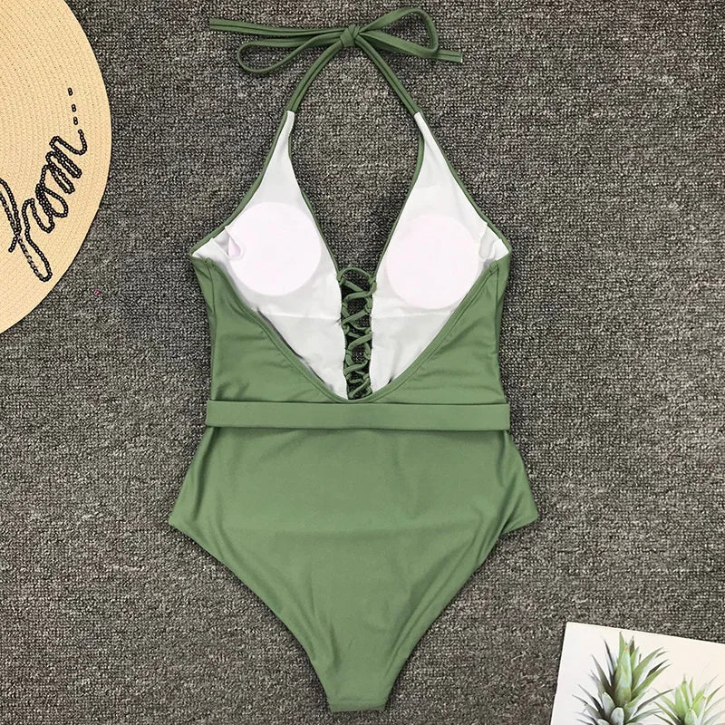 Lace Up Halter Female Swimwear One Piece Swimsuit Women Backless Monokini with Waist Belt Bathing Suit Swim Bodysuit
