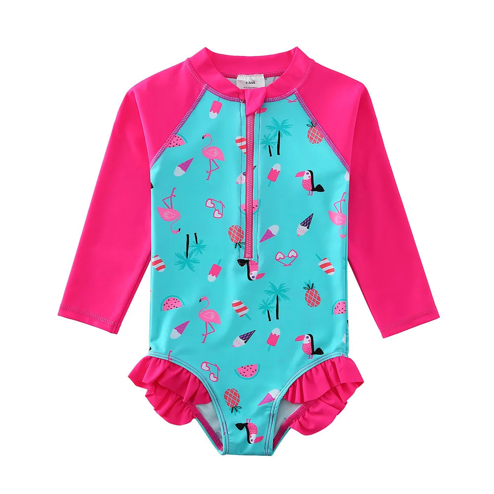 Wishere One Piece Baby Girls Swimsuit UPF50+ Swimwear Sunsuit With Lace Long Sleeve Rash Guard Flower Print Summer Bathing Suit