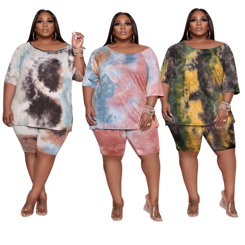 Plus Size Two Piece Set Women Wholesale Shorts Sets Tie Dye Casual Tshirt Crop Top and Short Pants Summer Tracksuit