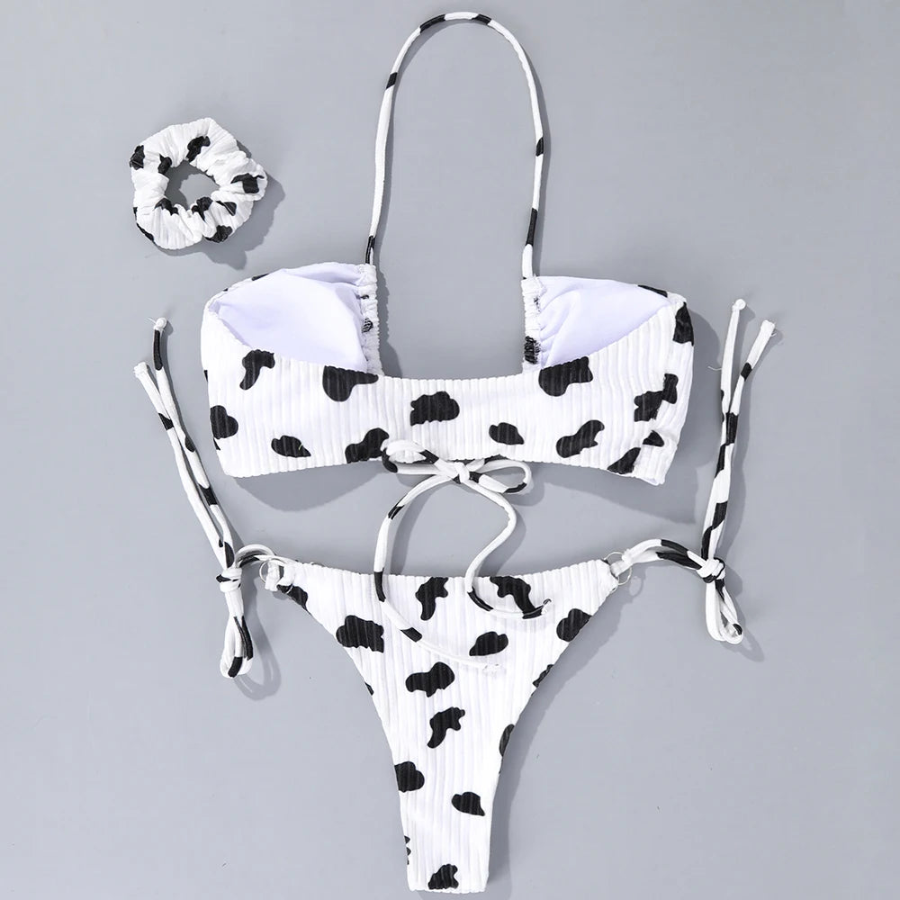 Halter Bikini Set Cow print Swimsuit Women Push Up Swimwear Summer Beachwear Brazilian Tied Bathing Suit