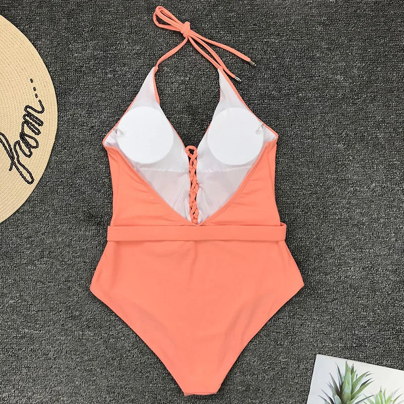 Lace Up Halter Female Swimwear One Piece Swimsuit Women Backless Monokini with Waist Belt Bathing Suit Swim Bodysuit