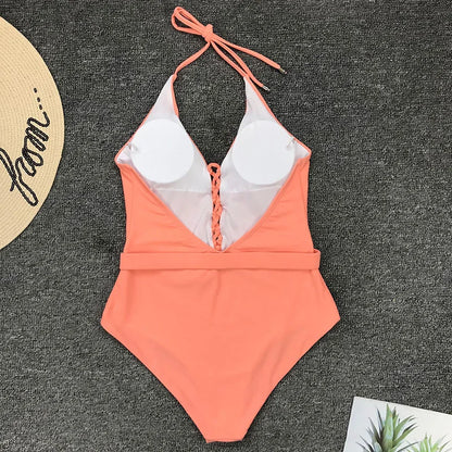 Lace Up Halter Female Swimwear One Piece Swimsuit Women Backless Monokini with Waist Belt Bathing Suit Swim Bodysuit