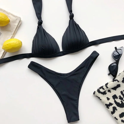 Halter Bra Cup Bikini Swimsuit Female White Swimwear Women Push up Bikini set Brazilian Bathing Suit Bandeau Swim suit