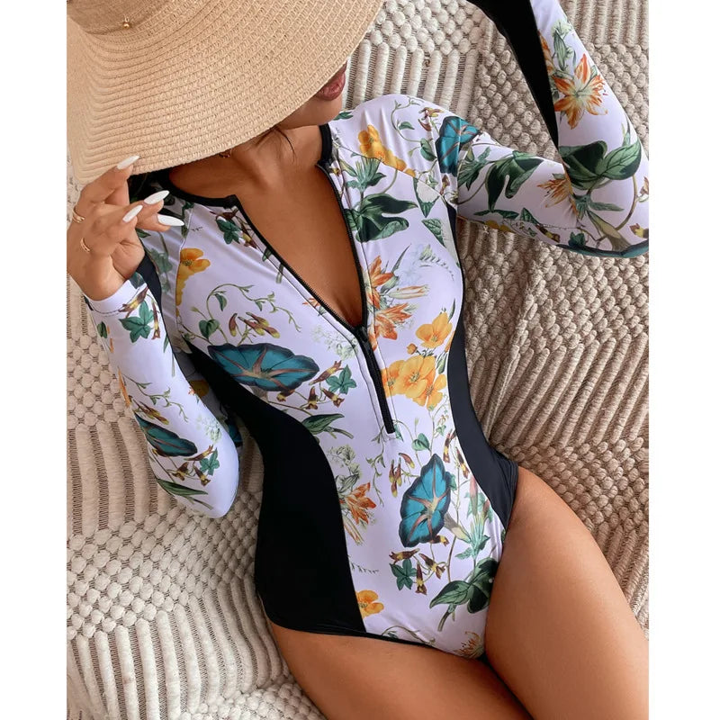 Summer Print Zipper One Piece Swimsuit Closed Long Sleeve Swimwear Sports Surfing Women's Swimming Bathing Suit Beach Bather