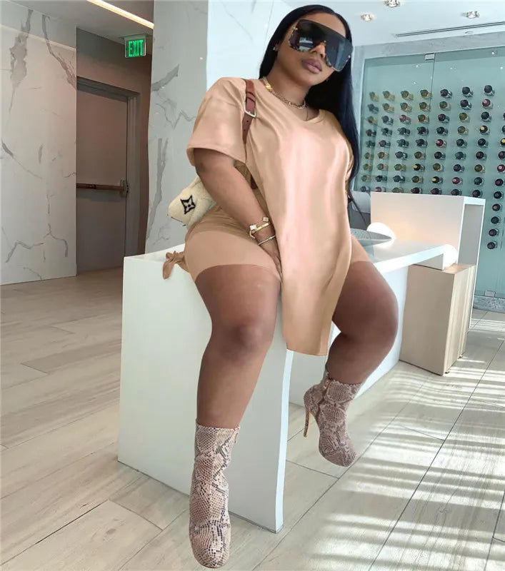 Plus Size Women Clothing Two Piece Set 4xl Summer Slip HemTop Shorts Suit Casual Tracksuit Streetwear