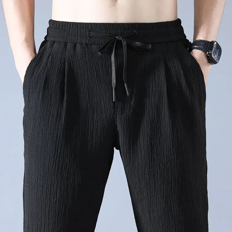 Ice Silk Linen Man Sport Pants Casual Wide Summer Sweatpants Male Drawstring Spring Autumn Lightweight Halking Harem Trousers