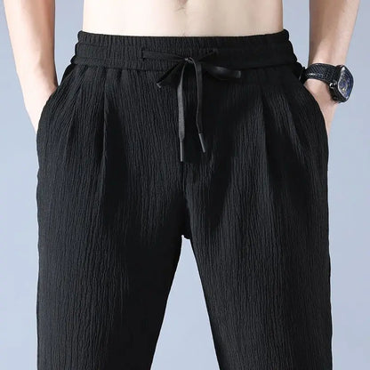 Ice Silk Linen Man Sport Pants Casual Wide Summer Sweatpants Male Drawstring Spring Autumn Lightweight Halking Harem Trousers