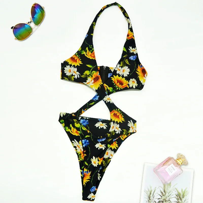 High Cut Out Halter Female Swimwear One Piece Swimsuit Women Cross Bandage Monokini Bather Bathing Suit Swim Bodysuit