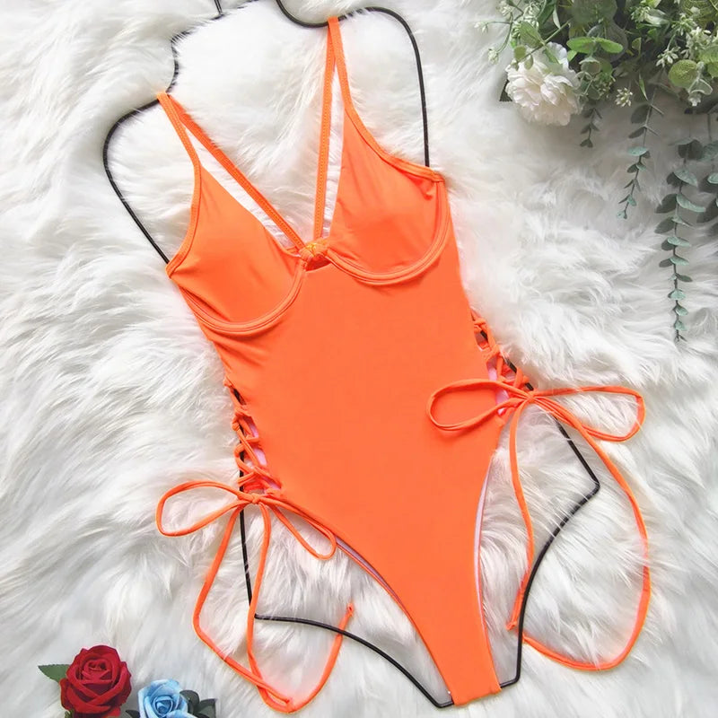 Splicing High Cut Out One Piece Swimsuit Women Tassel Swimwear Female Bathing Suit String Leopard Bikini Monokini Lady