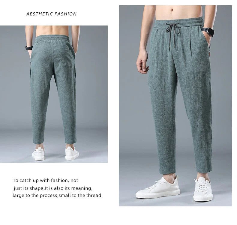 Ice Silk Linen Man Sport Pants Casual Wide Summer Sweatpants Male Drawstring Spring Autumn Lightweight Halking Harem Trousers