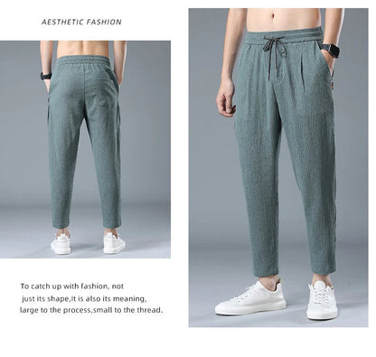 Ice Silk Linen Man Sport Pants Casual Wide Summer Sweatpants Male Drawstring Spring Autumn Lightweight Halking Harem Trousers