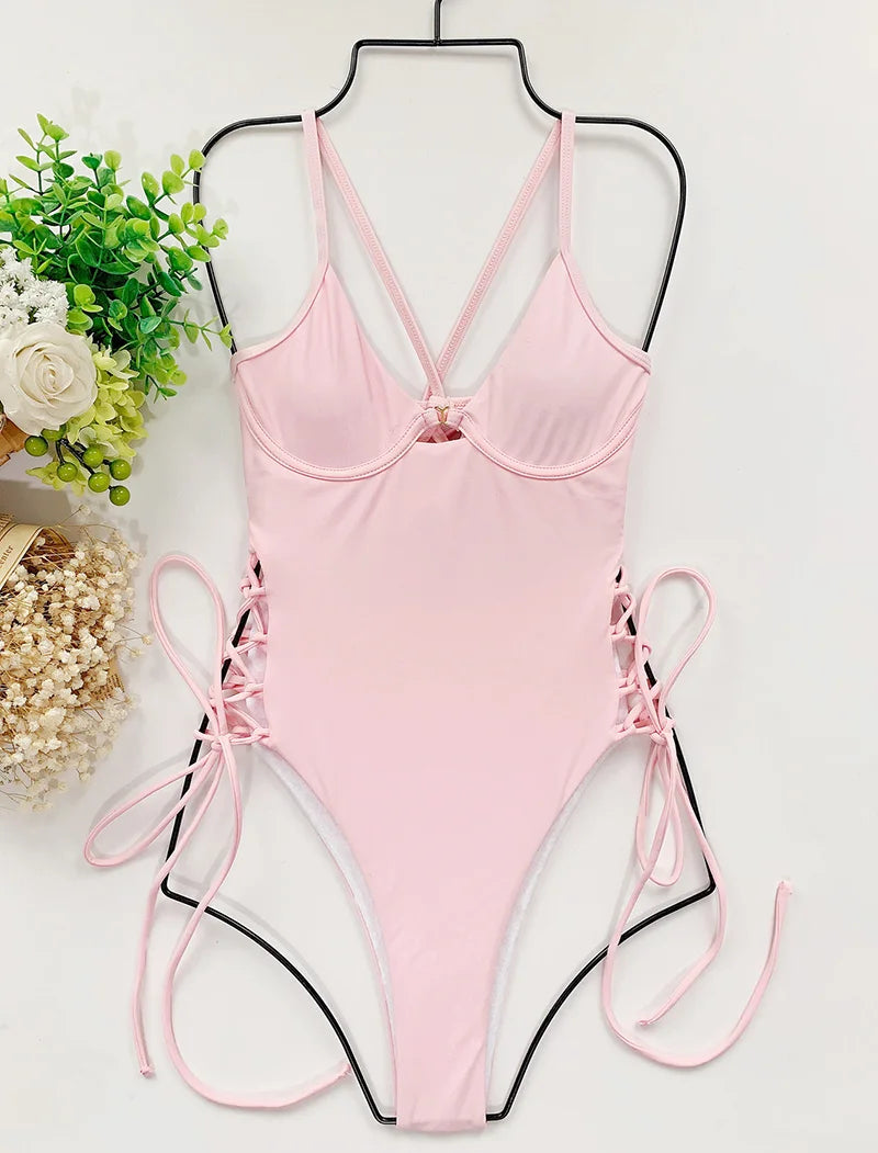 Splicing High Cut Out One Piece Swimsuit Women Tassel Swimwear Female Bathing Suit String Leopard Bikini Monokini Lady