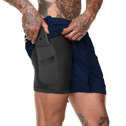 European Men's Sports Summer Double Layer Mobile Phone Pants Gym Exercise Jogging Training Shorts