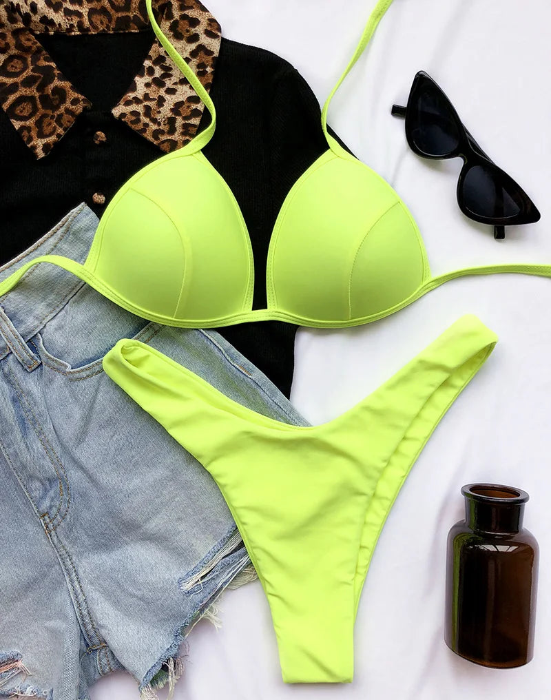 Halter Bra Cup Bikini Swimsuit Female White Swimwear Women Push up Bikini set Brazilian Bathing Suit Bandeau Swim suit