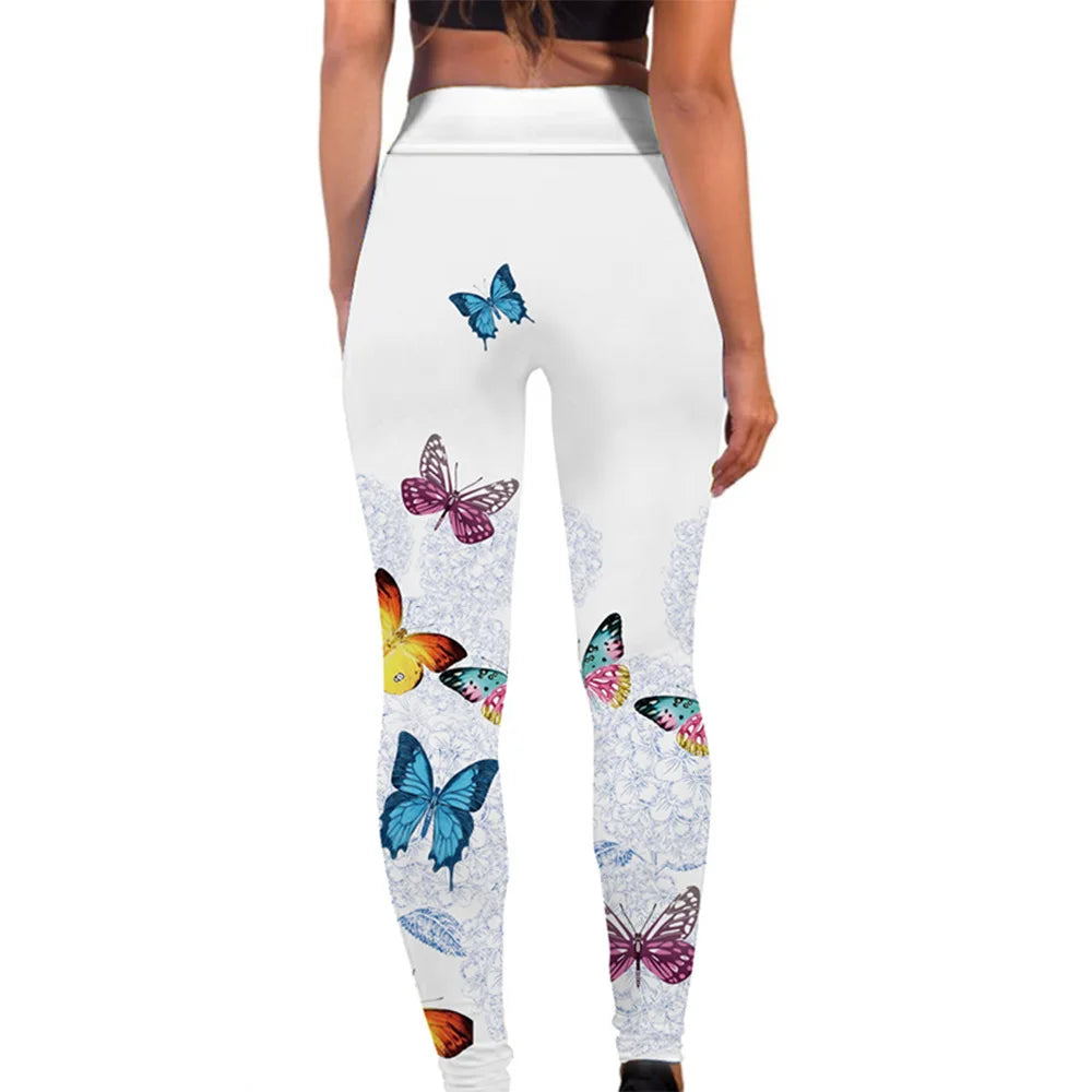 FCCEXIO High Waist Fitness Elastic Leggings Ink Painting Flowers 3D Print Leggins Casual Workout Sport Pants